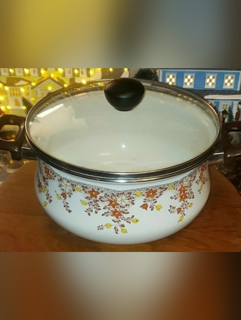 Vintage MCM Sanko Ware Enamelware Pot With Floral Design